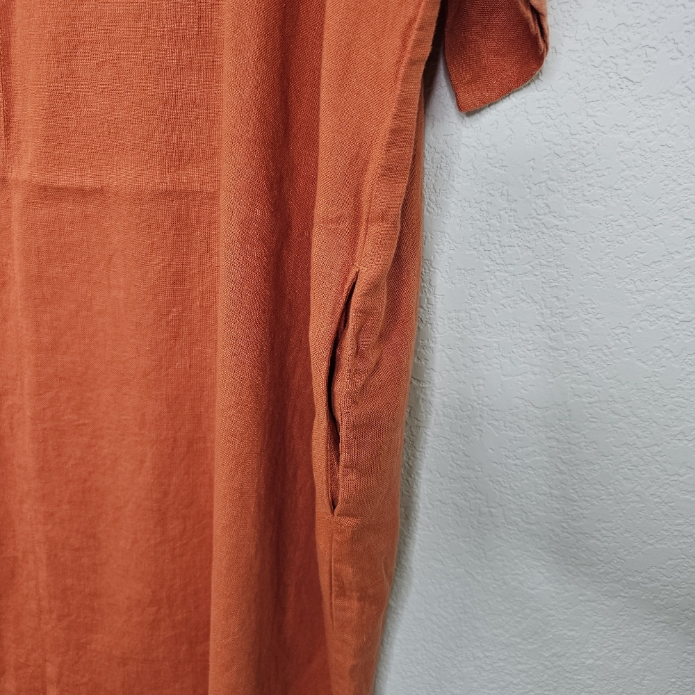 Not Perfect Linen Burnt Orange Oversized Shift Caftan Pocket Dress M/L - Picture 4 of 9